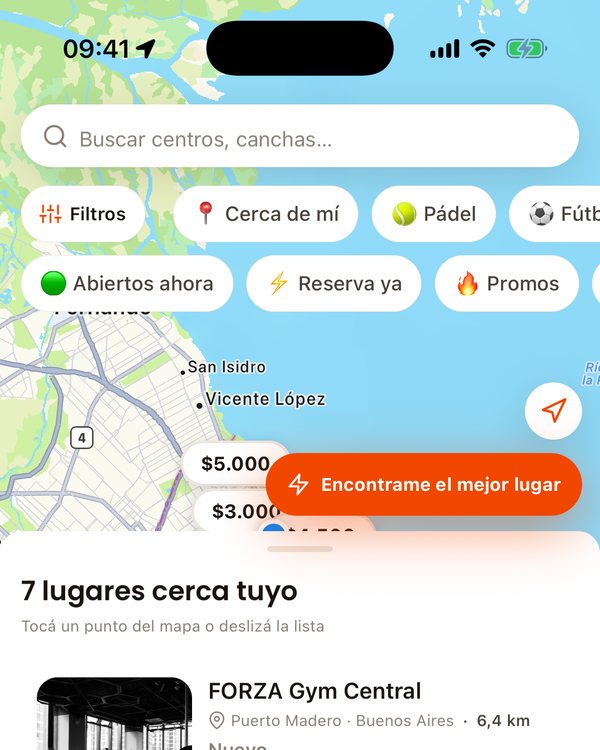 App da Forzapp: mapa com centros esportivos próximos e filtros por esporte, horário e promoções
