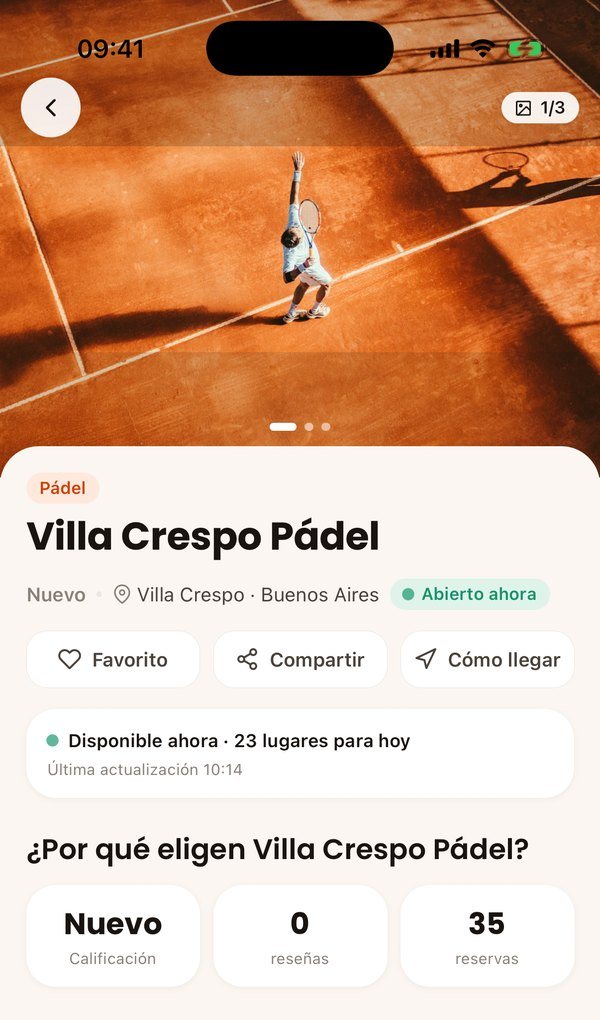 Página de um centro no app da Forzapp: fotos, localização, avaliações e quadras para reservar