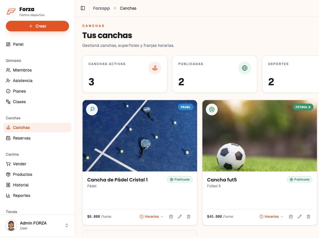 CRM da Forzapp: quadras de padel e futebol publicadas, com preço por horário e grade de horários