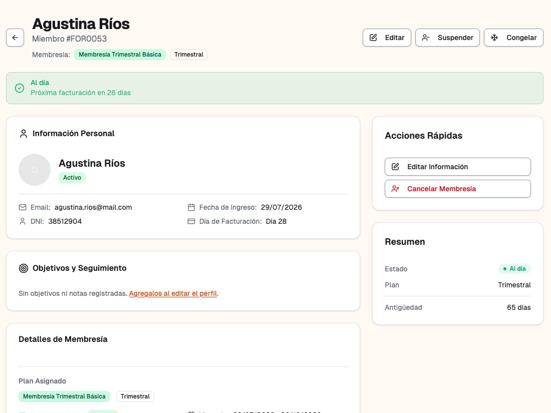 Ficha de um membro no CRM: plano trimestral em dia, próxima cobrança e dados de contato